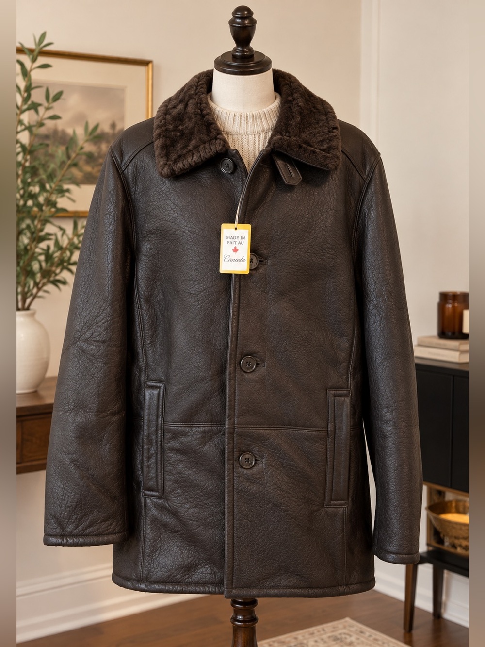 NWT Arte Pelle Brown Genuine Shearling Leather Coat Made in Canada M